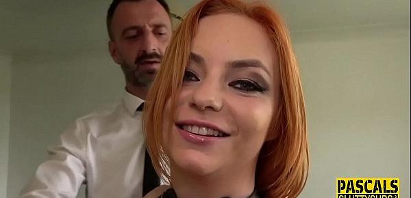  Plump submissive redhead throats cock